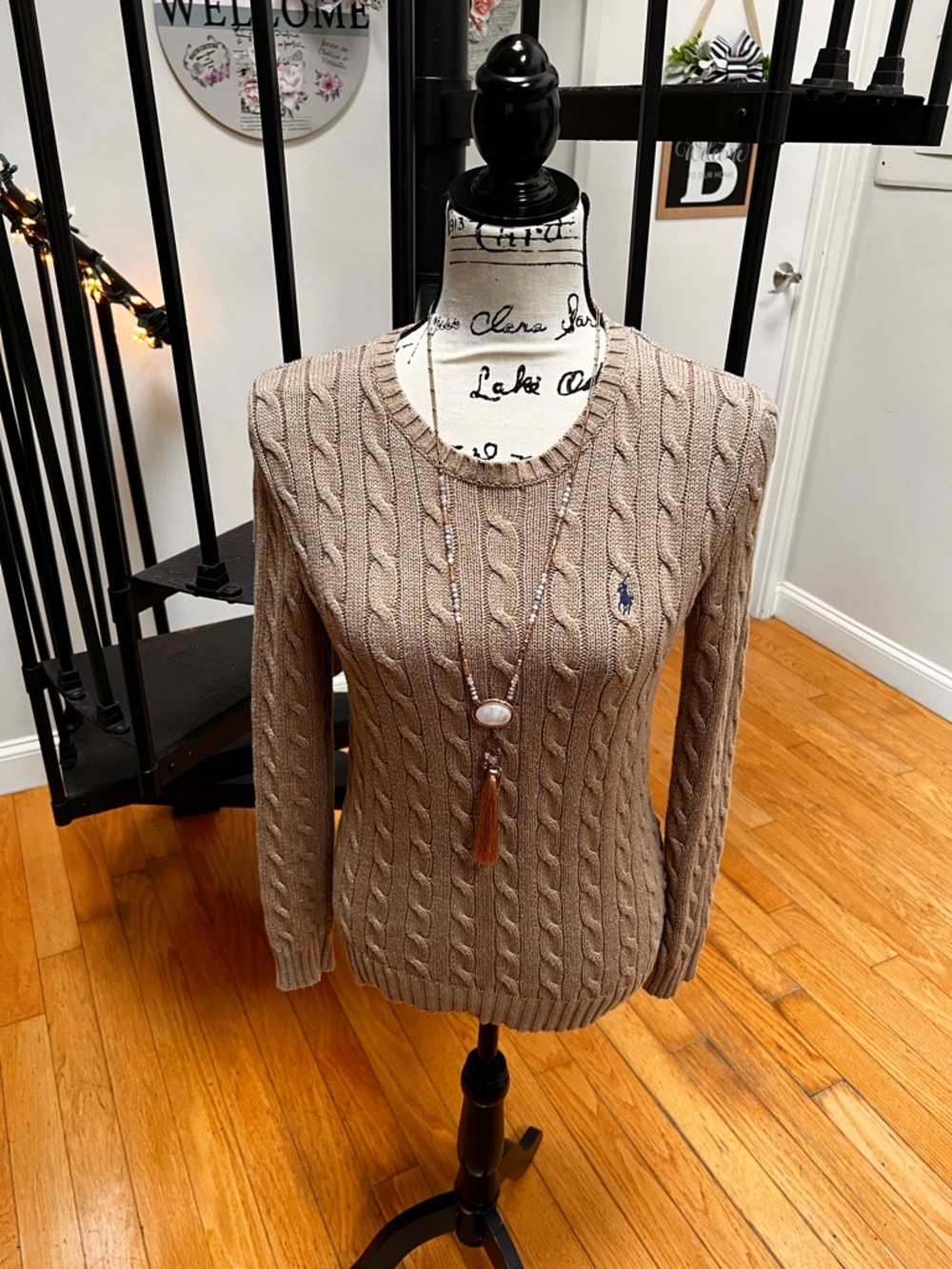 Ralph Lauren Beige Cable Knit Sweater with Pony Logo